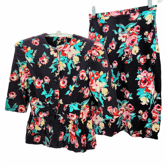 Vintage Robbie Bee Floral Puffy Sleeve‎ Peplum Jacket Midi Straight Skirt Set - Picture 1 of 16